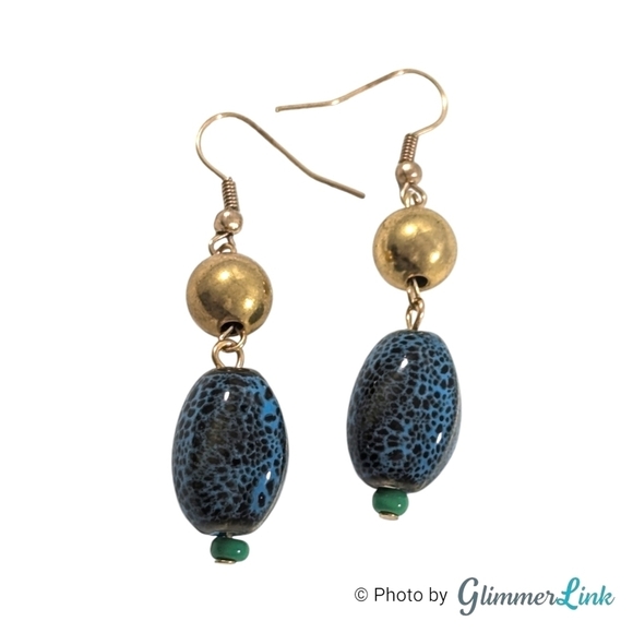 Blue Black & Green Mottled Tiered Gold Tone Dangle Earrings - Picture 3 of 6